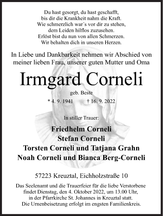 Traueranzeige von Irmgard Corneli von Siegener Zeitung