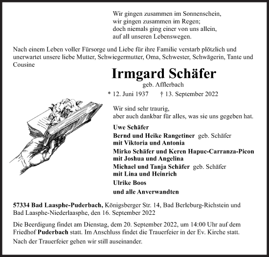 Traueranzeige von Irmgard Schäfer von Siegener Zeitung