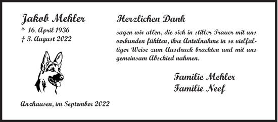 Traueranzeige von Jakob Mehler von Siegener Zeitung