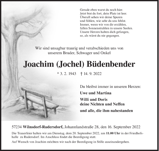 Traueranzeige von Joachim Büdenbender von Siegener Zeitung