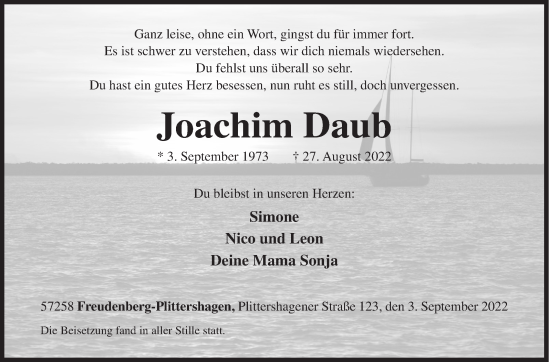 Traueranzeige von Joachim Daub von Siegener Zeitung