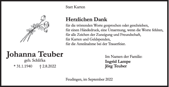 Traueranzeige von Johanna Teuber von Siegener Zeitung