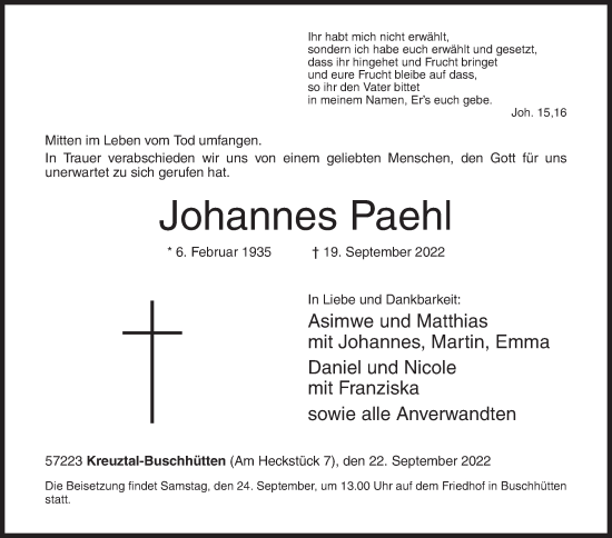 Traueranzeige von Johannes Paehl von Siegener Zeitung