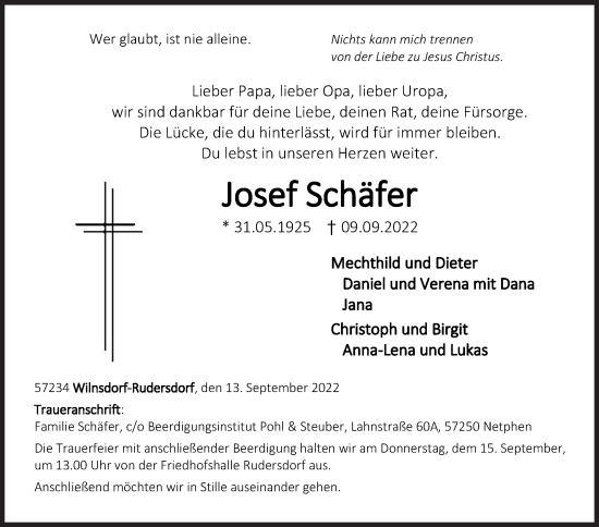 Traueranzeige von Josef Schäfer von Siegener Zeitung
