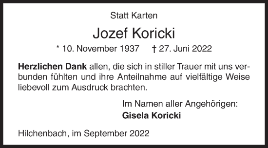 Traueranzeige von Jozef Koricki von Siegener Zeitung