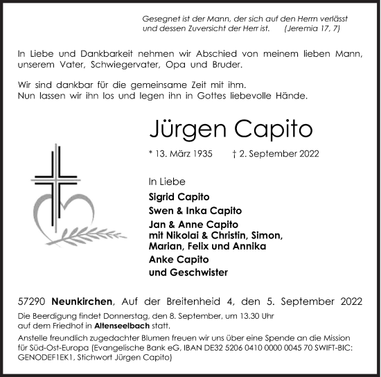 Traueranzeige von Jürgen Capito von Siegener Zeitung