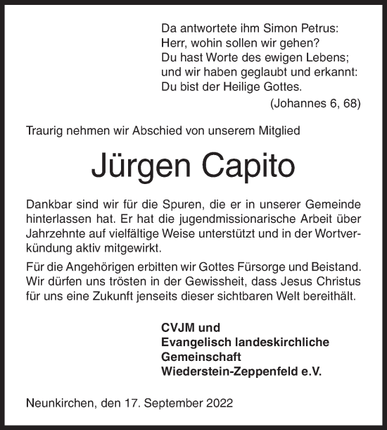 Traueranzeige von Jürgen Capito von Siegener Zeitung