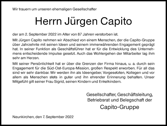 Traueranzeige von Jürgen Capito von Siegener Zeitung
