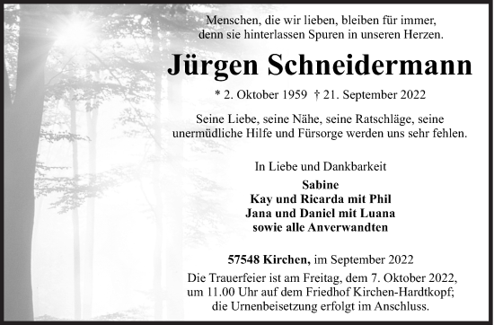 Traueranzeige von Jürgen Schneidermann von Siegener Zeitung