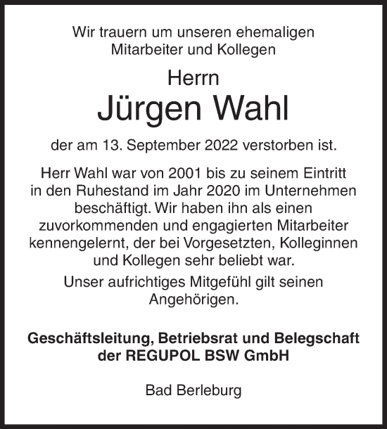 Traueranzeige von Jürgen Wahl von Siegener Zeitung