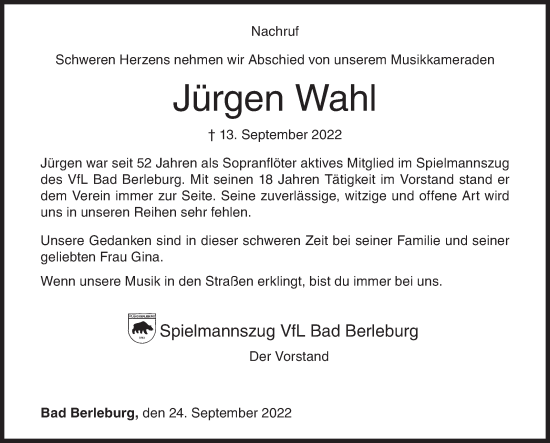 Traueranzeige von Jürgen Wahl von Siegener Zeitung