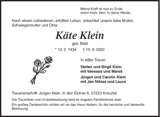 Traueranzeige von Käte Klein von Siegener Zeitung