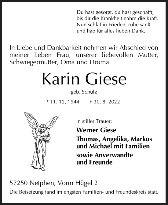 Traueranzeige von Karin Giese von Siegener Zeitung