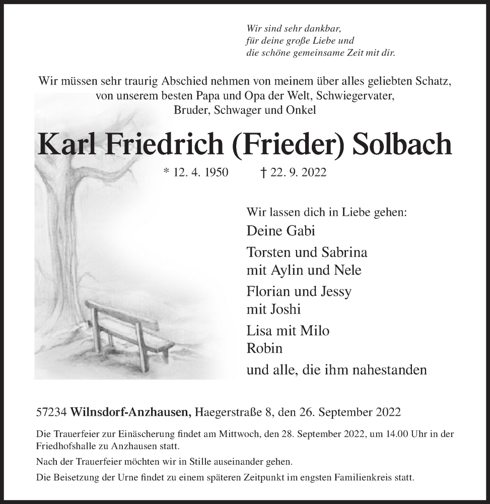  Traueranzeige für Karl Friedrich Solbach vom 26.09.2022 aus Siegener Zeitung
