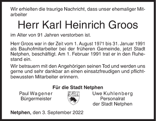 Traueranzeige von Karl Heinrich Groos von Siegener Zeitung