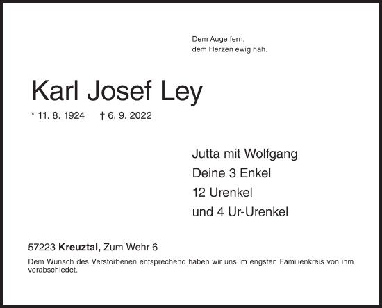 Traueranzeige von Karl Josef Ley von Siegener Zeitung