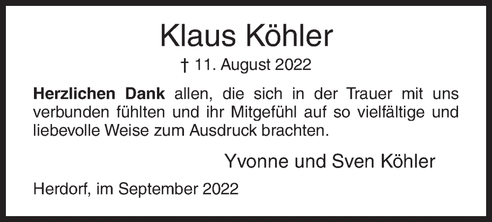  Traueranzeige für Klaus Köhler vom 24.09.2022 aus Siegener Zeitung