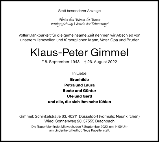 Traueranzeige von Klaus-Peter Gimmel von Siegener Zeitung