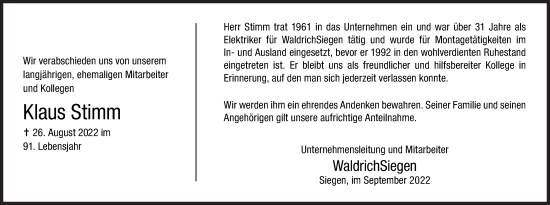 Traueranzeige von Klaus Stimm von Siegener Zeitung