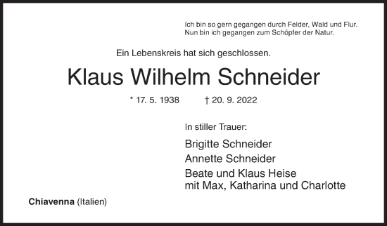 Traueranzeige von Klaus Wilhelm Schneider von Siegener Zeitung