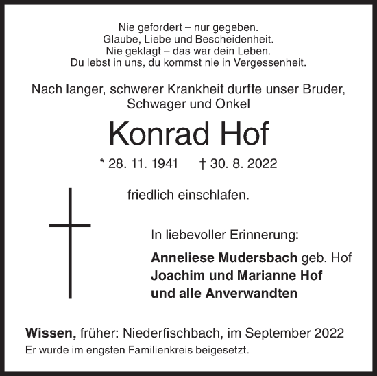 Traueranzeige von Konrad Hof von Siegener Zeitung