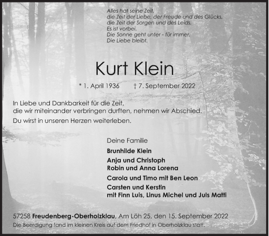 Traueranzeige von Kurt Klein von Siegener Zeitung