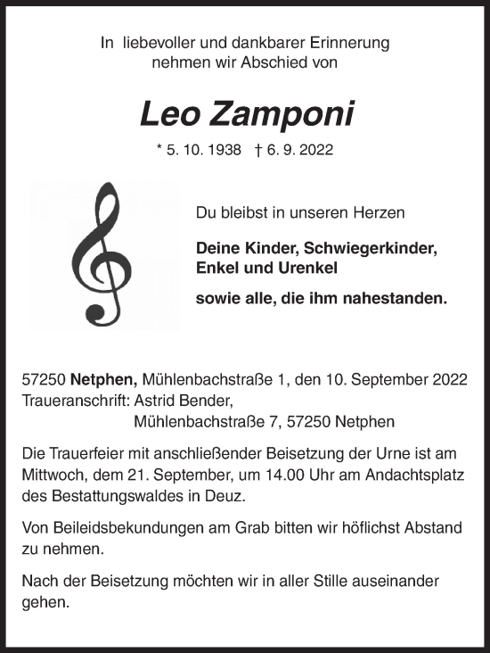 Traueranzeige von Leo Zamponi von Siegener Zeitung