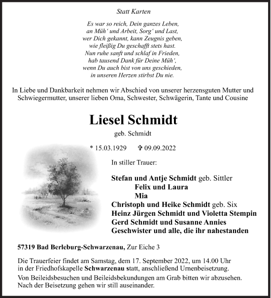 Traueranzeige von Liesel Schmidt von Siegener Zeitung