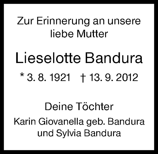Traueranzeige von Lieselotte Bandura von Siegener Zeitung