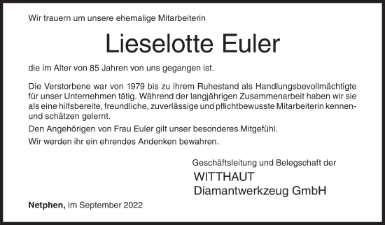 Traueranzeige von Lieselotte Euler von Siegener Zeitung