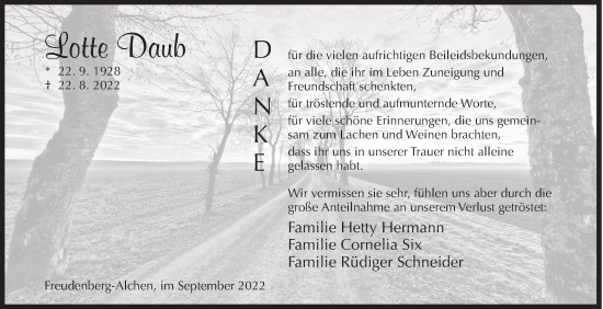 Traueranzeige von Lotte Daub von Siegener Zeitung