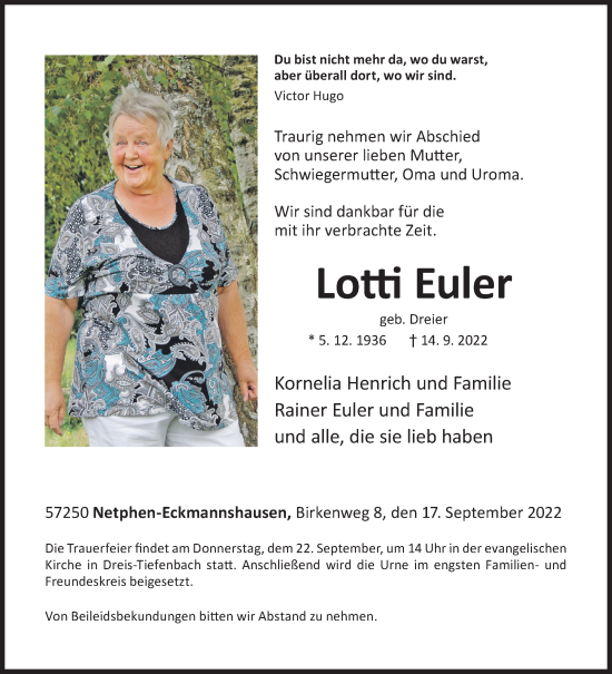 Traueranzeige von Lotti Euler von Siegener Zeitung