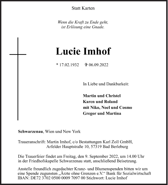 Traueranzeige von Lucie Imhof von Siegener Zeitung