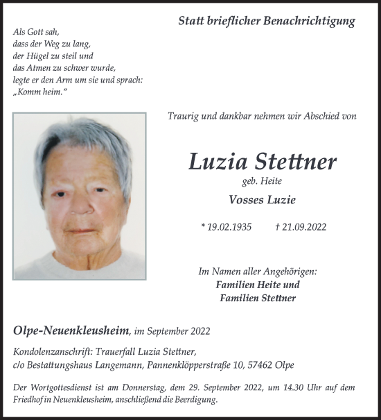 Traueranzeige von Luzia Stettner von Siegener Zeitung