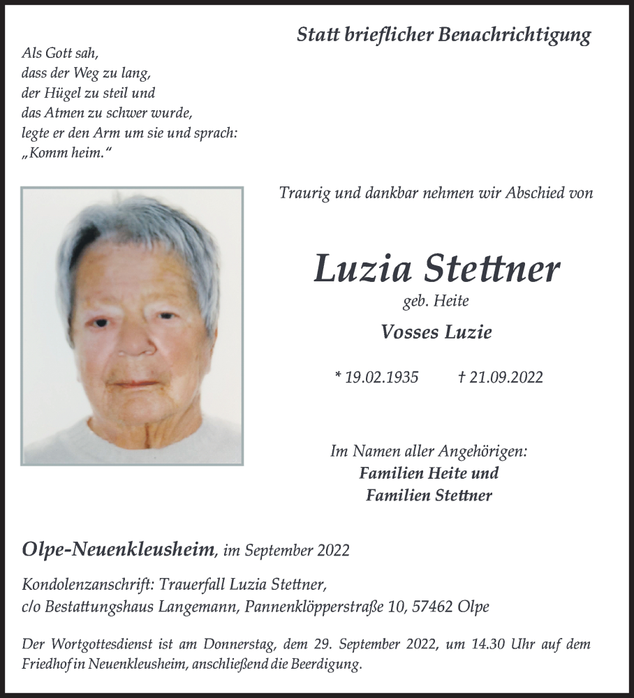  Traueranzeige für Luzia Stettner vom 24.09.2022 aus Siegener Zeitung
