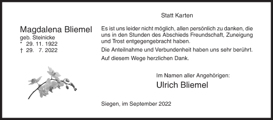 Traueranzeige von Magdalena Bliemel von Siegener Zeitung