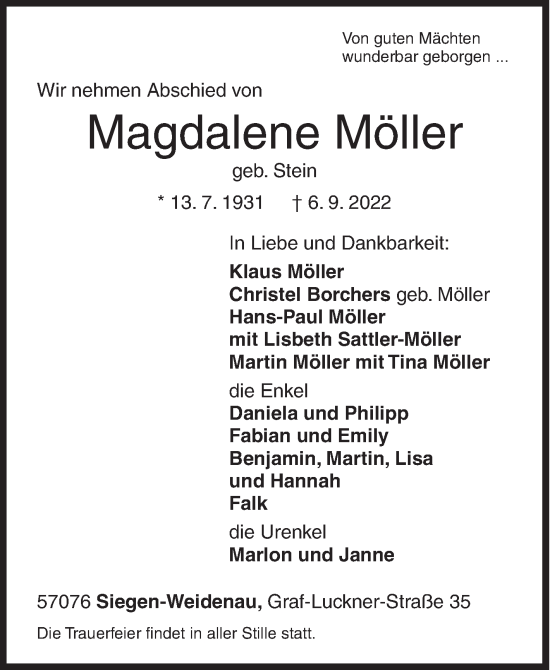 Traueranzeige von Magdalene Möller von Siegener Zeitung