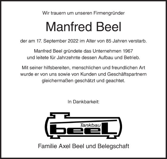 Traueranzeige von Manfred Beel von Siegener Zeitung