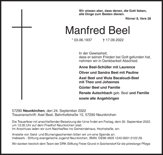 Traueranzeige von Manfred Beel von Siegener Zeitung