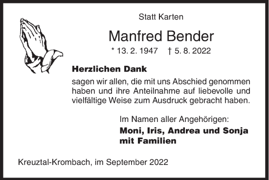 Traueranzeige von Manfred Bender von Siegener Zeitung