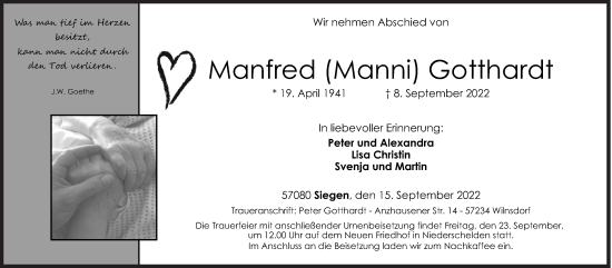 Traueranzeige von Manfred  Gotthardt von Siegener Zeitung