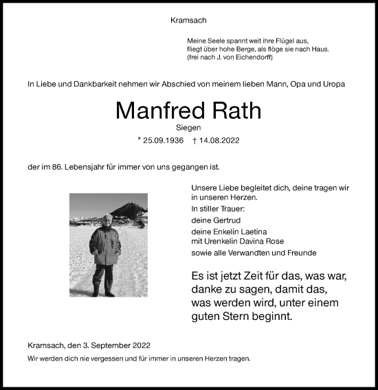 Traueranzeige von Manfred Rath von Siegener Zeitung