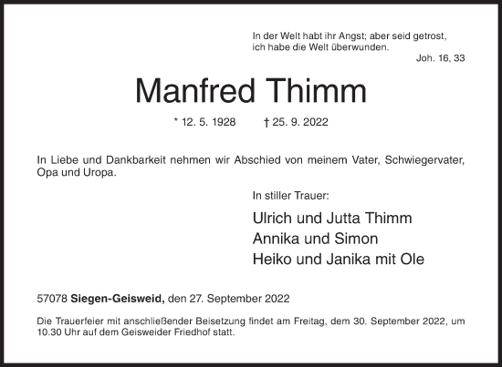 Traueranzeige von Manfred Thimm von Siegener Zeitung