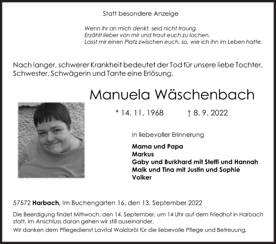 Traueranzeige von Manuela Wäschenbach von Siegener Zeitung