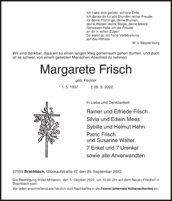 Traueranzeige von Margarete Frisch von Siegener Zeitung