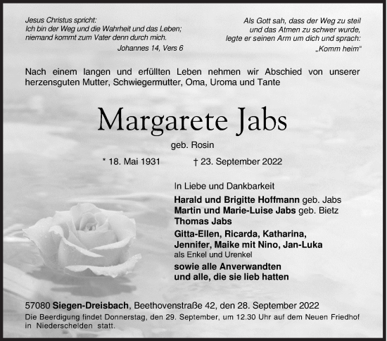 Traueranzeige von Margarete Jabs von Siegener Zeitung