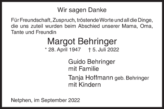 Traueranzeige von Margot Behringer von Siegener Zeitung