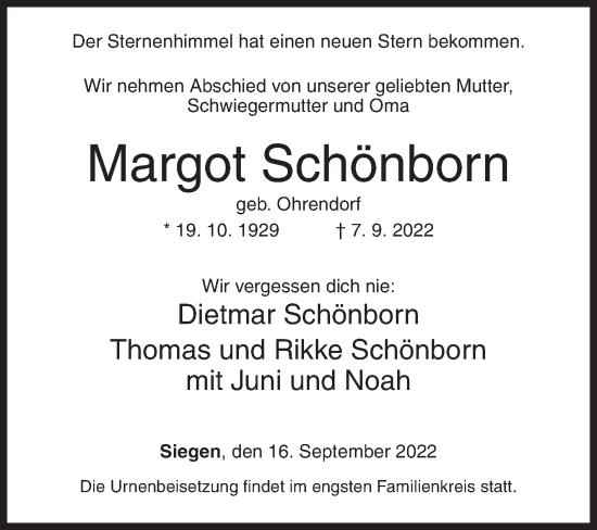 Traueranzeige von Margot Schönborn von Siegener Zeitung