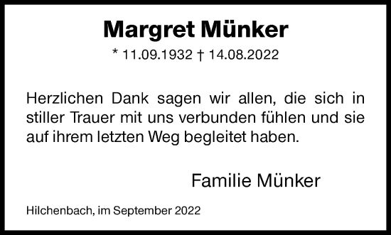 Traueranzeige von Margret Münker von Siegener Zeitung