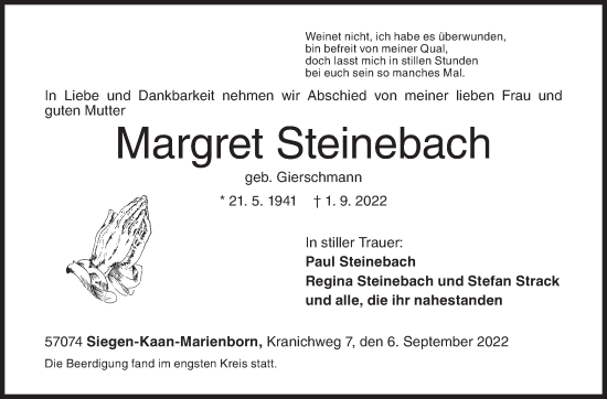 Traueranzeige von Margret Steinebach von Siegener Zeitung